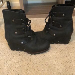 Black leather tie up boot wedges